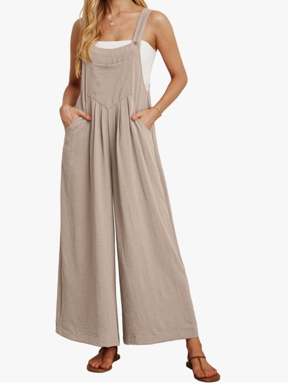 Wide-Leg Beige Overall Jumpsuit